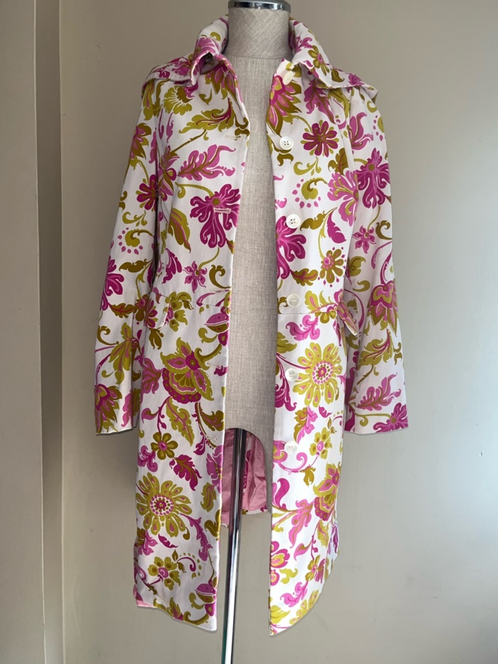 Boden Pink and Lime Floral-Print Button Coat